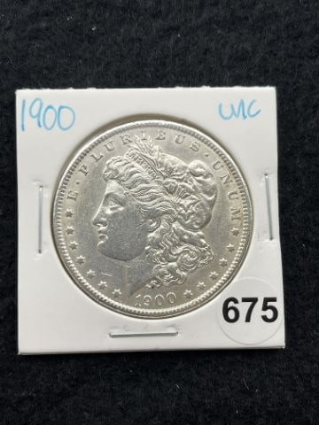 1900 UNC Morgan Silver Dollar Coin: KEY WORDS: INDIAN ARTIFACT ARTIFACTS ARROWHEAD ARROWHEADS NATIVE AMERICAN MISSISSIPPIAN QUAPAW CADDO POTTERY COINS MORGAN DOLLAR PEACE DOLLAR SILVER COINS. All coins have been Sigma tested for authent