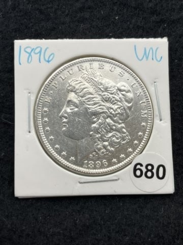 1896 UNC Morgan Silver Dollar Coin: KEY WORDS: INDIAN ARTIFACT ARTIFACTS ARROWHEAD ARROWHEADS NATIVE AMERICAN MISSISSIPPIAN QUAPAW CADDO POTTERY COINS MORGAN DOLLAR PEACE DOLLAR SILVER COINS. All coins have been Sigma tested for authent