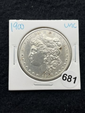 1900 UNC Morgan Silver Dollar Coin: KEY WORDS: INDIAN ARTIFACT ARTIFACTS ARROWHEAD ARROWHEADS NATIVE AMERICAN MISSISSIPPIAN QUAPAW CADDO POTTERY COINS MORGAN DOLLAR PEACE DOLLAR SILVER COINS. All coins have been Sigma tested for authent
