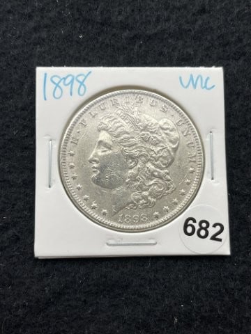 1898 UNC Morgan Silver Dollar Coin: KEY WORDS: INDIAN ARTIFACT ARTIFACTS ARROWHEAD ARROWHEADS NATIVE AMERICAN MISSISSIPPIAN QUAPAW CADDO POTTERY COINS MORGAN DOLLAR PEACE DOLLAR SILVER COINS. All coins have been Sigma tested for authent