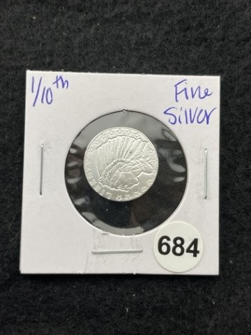 1/10th Fine Silver Coin: KEY WORDS: INDIAN ARTIFACT ARTIFACTS ARROWHEAD ARROWHEADS NATIVE AMERICAN MISSISSIPPIAN QUAPAW CADDO POTTERY COINS MORGAN DOLLAR PEACE DOLLAR SILVER COINS. All coins have been Sigma tested for authent