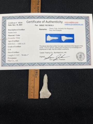 Paddle Drill with Sam Johnson COA from Pike County, AR Indian Artifact Arrowhead (1 of 6)