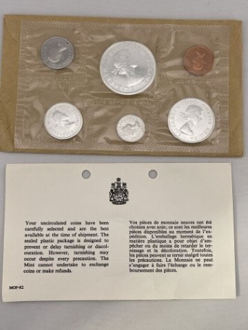 1964 Canadian Mint Coin Proof Set: KEY WORDS: INDIAN ARTIFACT ARTIFACTS ARROWHEAD ARROWHEADS NATIVE AMERICAN MISSISSIPPIAN QUAPAW CADDO POTTERY COINS MORGAN DOLLAR PEACE DOLLAR SILVER COINS. All coins have been Sigma tested for authent