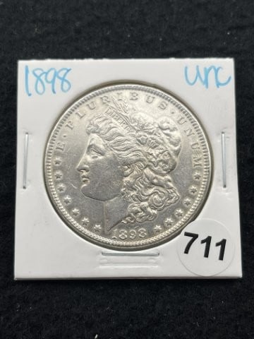 1898 UNC Morgan Silver Dollar Coin: KEY WORDS: INDIAN ARTIFACT ARTIFACTS ARROWHEAD ARROWHEADS NATIVE AMERICAN MISSISSIPPIAN QUAPAW CADDO POTTERY COINS MORGAN DOLLAR PEACE DOLLAR SILVER COINS. All coins have been Sigma tested for authent