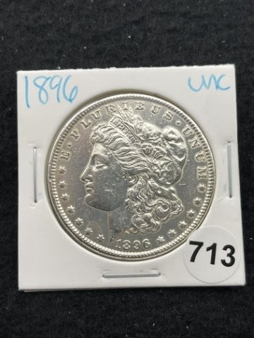 1896 UNC Morgan Silver Dollar Coin: KEY WORDS: INDIAN ARTIFACT ARTIFACTS ARROWHEAD ARROWHEADS NATIVE AMERICAN MISSISSIPPIAN QUAPAW CADDO POTTERY COINS MORGAN DOLLAR PEACE DOLLAR SILVER COINS. All coins have been Sigma tested for authent