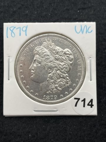 1879 UNC Morgan Silver Dollar Coin: KEY WORDS: INDIAN ARTIFACT ARTIFACTS ARROWHEAD ARROWHEADS NATIVE AMERICAN MISSISSIPPIAN QUAPAW CADDO POTTERY COINS MORGAN DOLLAR PEACE DOLLAR SILVER COINS. All coins have been Sigma tested for authent
