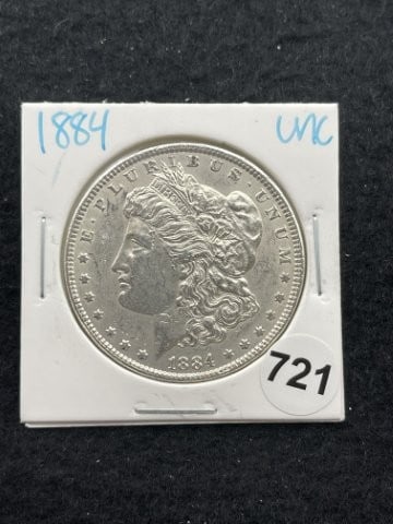 1884 UNC Morgan Silver Dollar Coin: KEY WORDS: INDIAN ARTIFACT ARTIFACTS ARROWHEAD ARROWHEADS NATIVE AMERICAN MISSISSIPPIAN QUAPAW CADDO POTTERY COINS MORGAN DOLLAR PEACE DOLLAR SILVER COINS. All coins have been Sigma tested for authent