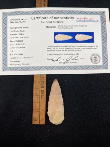 Oval Ended Blade with Sam Johnson COA from Montgomery County, AR Indian Artifact Arrowhead (1 of 6)