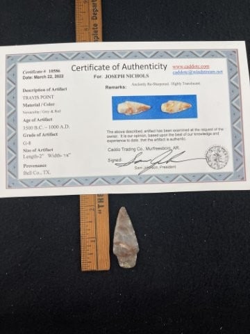 Travis Point with Sam Johnson COA from Bell County, Texas Indian Artifact Arrowhead (1 of 6)