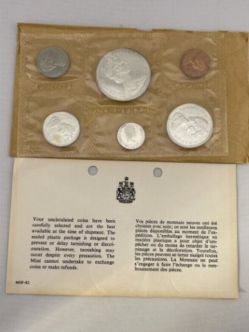 1965 Canadian Mint Coin Proof Set: KEY WORDS: INDIAN ARTIFACT ARTIFACTS ARROWHEAD ARROWHEADS NATIVE AMERICAN MISSISSIPPIAN QUAPAW CADDO POTTERY COINS MORGAN DOLLAR PEACE DOLLAR SILVER COINS. All coins have been Sigma tested for authent