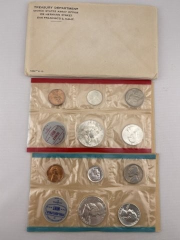 2 1963 Philadelphia & Denver Mint Coin Proof Set: KEY WORDS: INDIAN ARTIFACT ARTIFACTS ARROWHEAD ARROWHEADS NATIVE AMERICAN MISSISSIPPIAN QUAPAW CADDO POTTERY COINS MORGAN DOLLAR PEACE DOLLAR SILVER COINS. All coins have been Sigma tested for authent