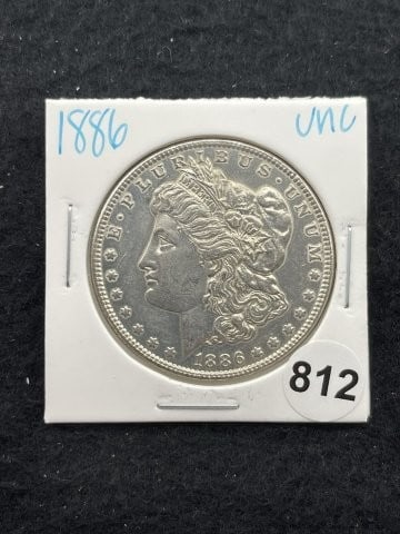 1886 UNC Morgan Silver Dollar Coin: KEY WORDS: INDIAN ARTIFACT ARTIFACTS ARROWHEAD ARROWHEADS NATIVE AMERICAN MISSISSIPPIAN QUAPAW CADDO POTTERY COINS MORGAN DOLLAR PEACE DOLLAR SILVER COINS. All coins have been Sigma tested for authent