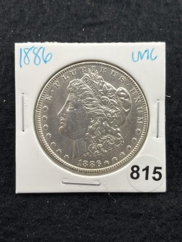 1886 UNC Morgan Silver Dollar Coin: KEY WORDS: INDIAN ARTIFACT ARTIFACTS ARROWHEAD ARROWHEADS NATIVE AMERICAN MISSISSIPPIAN QUAPAW CADDO POTTERY COINS MORGAN DOLLAR PEACE DOLLAR SILVER COINS. All coins have been Sigma tested for authent