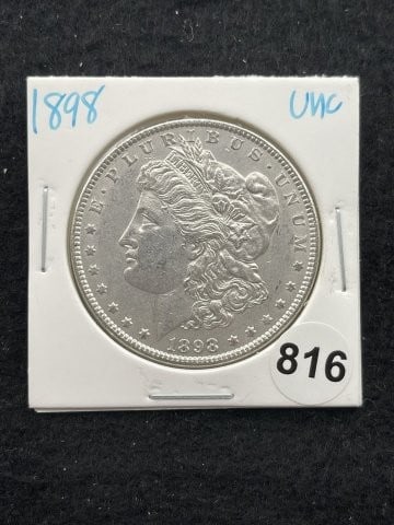 1898 UNC Morgan Silver Dollar Coin: KEY WORDS: INDIAN ARTIFACT ARTIFACTS ARROWHEAD ARROWHEADS NATIVE AMERICAN MISSISSIPPIAN QUAPAW CADDO POTTERY COINS MORGAN DOLLAR PEACE DOLLAR SILVER COINS. All coins have been Sigma tested for authent