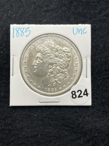 1885 UNC Morgan Silver Dollar Coin: KEY WORDS: INDIAN ARTIFACT ARTIFACTS ARROWHEAD ARROWHEADS NATIVE AMERICAN MISSISSIPPIAN QUAPAW CADDO POTTERY COINS MORGAN DOLLAR PEACE DOLLAR SILVER COINS. All coins have been Sigma tested for authent