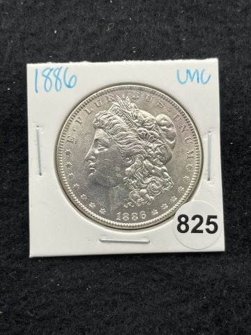 1886 UNC Morgan Silver Dollar Coin: KEY WORDS: INDIAN ARTIFACT ARTIFACTS ARROWHEAD ARROWHEADS NATIVE AMERICAN MISSISSIPPIAN QUAPAW CADDO POTTERY COINS MORGAN DOLLAR PEACE DOLLAR SILVER COINS. All coins have been Sigma tested for authent