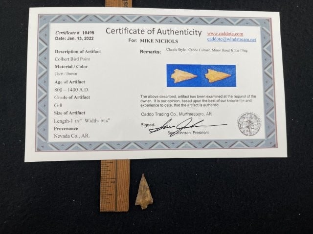 Colbert Bird Point with Sam Johnson COA from Nevada County, AR Indian Artifact Arrowhead: KEY WORDS: INDIAN ARTIFACT ARTIFACTS ARROWHEAD ARROWHEADS NATIVE AMERICAN MISSISSIPPIAN QUAPAW CADDO POTTERY COINS MORGAN DOLLAR PEACE DOLLAR SILVER COINS. All coins have been Sigma tested for authent
