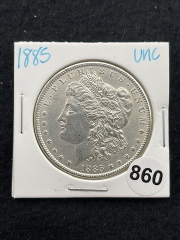 1885 UNC Morgan Silver Dollar Coin: KEY WORDS: INDIAN ARTIFACT ARTIFACTS ARROWHEAD ARROWHEADS NATIVE AMERICAN MISSISSIPPIAN QUAPAW CADDO POTTERY COINS MORGAN DOLLAR PEACE DOLLAR SILVER COINS. All coins have been Sigma tested for authent