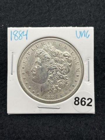 1884 UNC Morgan Silver Dollar Coin: KEY WORDS: INDIAN ARTIFACT ARTIFACTS ARROWHEAD ARROWHEADS NATIVE AMERICAN MISSISSIPPIAN QUAPAW CADDO POTTERY COINS MORGAN DOLLAR PEACE DOLLAR SILVER COINS. All coins have been Sigma tested for authent