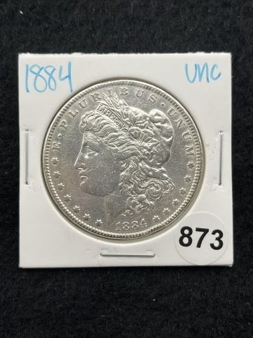1884 UNC Morgan Silver Dollar Coin: KEY WORDS: INDIAN ARTIFACT ARTIFACTS ARROWHEAD ARROWHEADS NATIVE AMERICAN MISSISSIPPIAN QUAPAW CADDO POTTERY COINS MORGAN DOLLAR PEACE DOLLAR SILVER COINS. All coins have been Sigma tested for authent