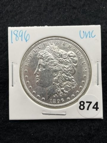 1896 UNC Morgan Silver Dollar Coin: KEY WORDS: INDIAN ARTIFACT ARTIFACTS ARROWHEAD ARROWHEADS NATIVE AMERICAN MISSISSIPPIAN QUAPAW CADDO POTTERY COINS MORGAN DOLLAR PEACE DOLLAR SILVER COINS. All coins have been Sigma tested for authent