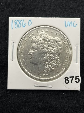 1886 O UNC Morgan Silver Dollar Coin: KEY WORDS: INDIAN ARTIFACT ARTIFACTS ARROWHEAD ARROWHEADS NATIVE AMERICAN MISSISSIPPIAN QUAPAW CADDO POTTERY COINS MORGAN DOLLAR PEACE DOLLAR SILVER COINS. All coins have been Sigma tested for authent