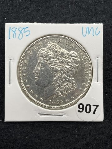 1885 UNC Morgan Silver Dollar Coin: KEY WORDS: INDIAN ARTIFACT ARTIFACTS ARROWHEAD ARROWHEADS NATIVE AMERICAN MISSISSIPPIAN QUAPAW CADDO POTTERY COINS MORGAN DOLLAR PEACE DOLLAR SILVER COINS. All coins have been Sigma tested for authent