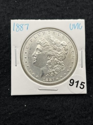1887 UNC Morgan Silver Dollar Coin: KEY WORDS: INDIAN ARTIFACT ARTIFACTS ARROWHEAD ARROWHEADS NATIVE AMERICAN MISSISSIPPIAN QUAPAW CADDO POTTERY COINS MORGAN DOLLAR PEACE DOLLAR SILVER COINS. All coins have been Sigma tested for authent