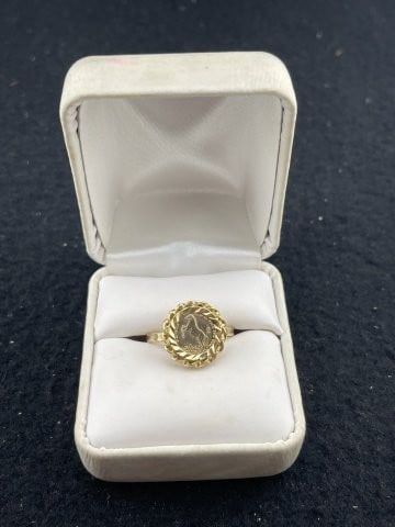 10K Gold Ring with small 22K gold coin 2.7 G: KEY WORDS: INDIAN ARTIFACT ARTIFACTS ARROWHEAD ARROWHEADS NATIVE AMERICAN MISSISSIPPIAN QUAPAW CADDO POTTERY COINS MORGAN DOLLAR PEACE DOLLAR SILVER COINS. All coins have been Sigma tested for authent