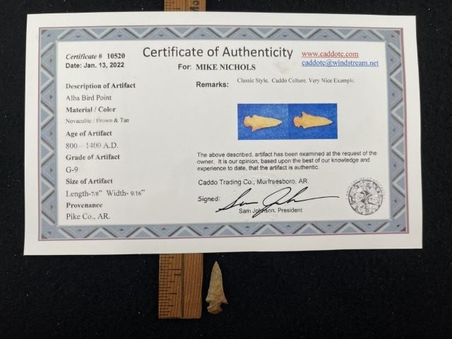 Alba Bird Point with Sam Johnson COA from Pike County, AR Indian Artifact Arrowhead: KEY WORDS: INDIAN ARTIFACT ARTIFACTS ARROWHEAD ARROWHEADS NATIVE AMERICAN MISSISSIPPIAN QUAPAW CADDO POTTERY COINS MORGAN DOLLAR PEACE DOLLAR SILVER COINS. All coins have been Sigma tested for authent