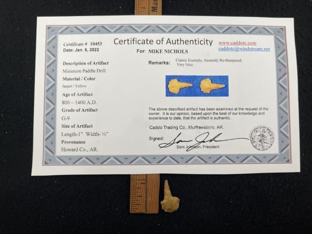 Miniature Paddle Drill with Sam Johnson COA from Howard County, AR Indian Artifact Arrowhead: KEY WORDS: INDIAN ARTIFACT ARTIFACTS ARROWHEAD ARROWHEADS NATIVE AMERICAN MISSISSIPPIAN QUAPAW CADDO POTTERY COINS MORGAN DOLLAR PEACE DOLLAR SILVER COINS. All coins have been Sigma tested for authent