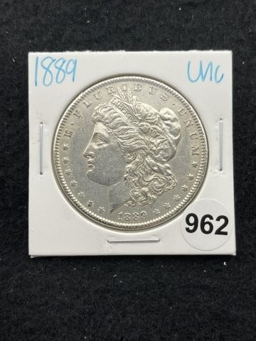 1889 UNC Morgan Silver Dollar Coin: KEY WORDS: INDIAN ARTIFACT ARTIFACTS ARROWHEAD ARROWHEADS NATIVE AMERICAN MISSISSIPPIAN QUAPAW CADDO POTTERY COINS MORGAN DOLLAR PEACE DOLLAR SILVER COINS. All coins have been Sigma tested for authent