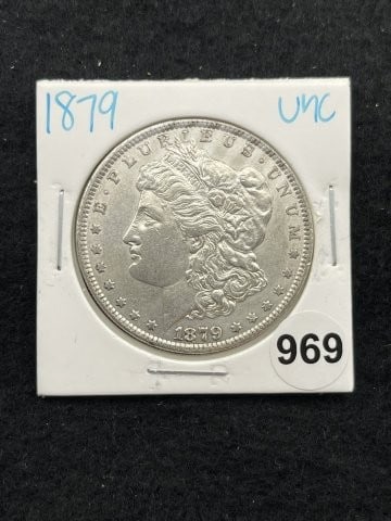 1879 UNC Morgan Silver Dollar Coin: KEY WORDS: INDIAN ARTIFACT ARTIFACTS ARROWHEAD ARROWHEADS NATIVE AMERICAN MISSISSIPPIAN QUAPAW CADDO POTTERY COINS MORGAN DOLLAR PEACE DOLLAR SILVER COINS. All coins have been Sigma tested for authent
