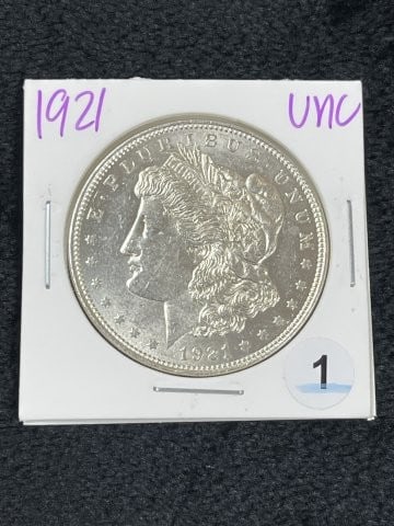 1921 UNC Morgan Silver Dollar Coin: KEY WORDS: INDIAN ARTIFACT ARTIFACTS ARROWHEAD ARROWHEADS NATIVE AMERICAN MISSISSIPPIAN QUAPAW CADDO POTTERY COINS MORGAN DOLLAR PEACE DOLLAR SILVER COINS. All coins have been Sigma tested for authent