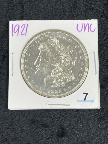 1921 UNC Morgan Silver Dollar Coin: KEY WORDS: INDIAN ARTIFACT ARTIFACTS ARROWHEAD ARROWHEADS NATIVE AMERICAN MISSISSIPPIAN QUAPAW CADDO POTTERY COINS MORGAN DOLLAR PEACE DOLLAR SILVER COINS. All coins have been Sigma tested for authent