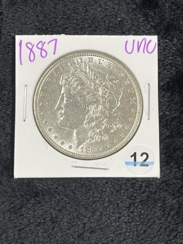 1887 UNC Morgan Silver Dollar Coin: KEY WORDS: INDIAN ARTIFACT ARTIFACTS ARROWHEAD ARROWHEADS NATIVE AMERICAN MISSISSIPPIAN QUAPAW CADDO POTTERY COINS MORGAN DOLLAR PEACE DOLLAR SILVER COINS. All coins have been Sigma tested for authent