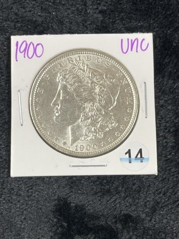 1900 UNC Morgan Silver Dollar Coin: KEY WORDS: INDIAN ARTIFACT ARTIFACTS ARROWHEAD ARROWHEADS NATIVE AMERICAN MISSISSIPPIAN QUAPAW CADDO POTTERY COINS MORGAN DOLLAR PEACE DOLLAR SILVER COINS. All coins have been Sigma tested for authent