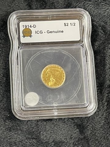 1914 D ICG - Genuine 2 & 1/2 Dollar Gold Coin: KEY WORDS: INDIAN ARTIFACT ARTIFACTS ARROWHEAD ARROWHEADS NATIVE AMERICAN MISSISSIPPIAN QUAPAW CADDO POTTERY COINS MORGAN DOLLAR PEACE DOLLAR SILVER COINS. All coins have been Sigma tested for authent