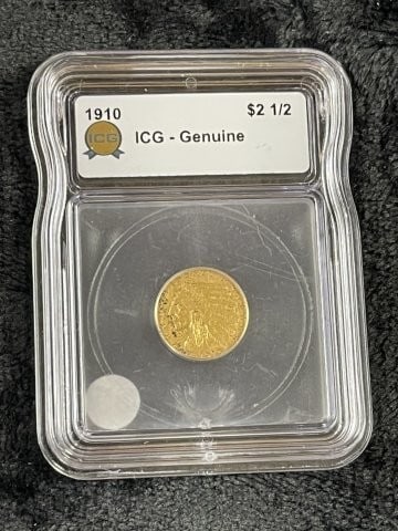 1910 ICG - Genuine 2 & 1/2 Dollar Gold Coin: KEY WORDS: INDIAN ARTIFACT ARTIFACTS ARROWHEAD ARROWHEADS NATIVE AMERICAN MISSISSIPPIAN QUAPAW CADDO POTTERY COINS MORGAN DOLLAR PEACE DOLLAR SILVER COINS. All coins have been Sigma tested for authent