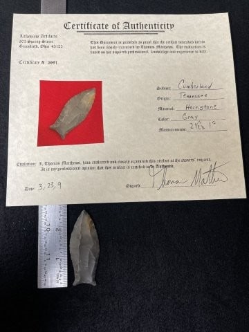 Cumberland with Thomas Mathews COA from Tennessee Indian Artifact Arrowhead: Cumberland with Thomas Mathews COA from Tennessee Indian Artifact Arrowhead