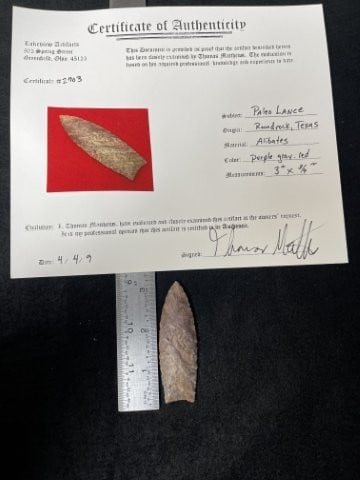 Paleo Lance with Thomas Mathews COA from Round Rock Texas Indian Artifact Arrowhead: Paleo Lance with Thomas Mathews COA from Round Rock Texas Indian Artifact Arrowhead