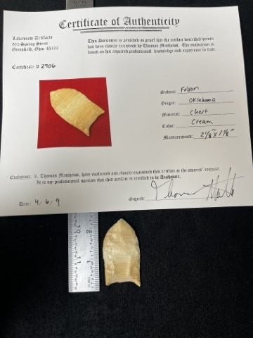 Folsom with Thomas Mathews COA from Oklahoma Indian Artifact Arrowhead: Folsom with Thomas Mathews COA from Oklahoma Indian Artifact Arrowhead