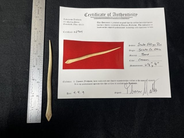 Snake Effigy Pin with Thomas Mathews COA from Scioto County, Ohio Indian Artifact Arrowhead: KEY WORDS: INDIAN ARTIFACT ARTIFACTS ARROWHEAD ARROWHEADS NATIVE AMERICAN MISSISSIPPIAN QUAPAW CADDO POTTERY COINS MORGAN DOLLAR PEACE DOLLAR SILVER COINS. All coins have been Sigma tested for