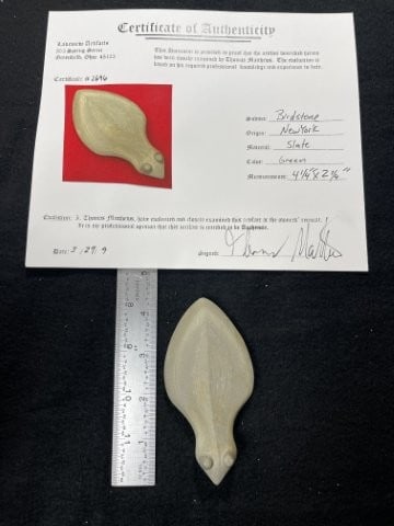 Birdstone with Thomas Mathews COA from New York Indian Artifact Arrowhead: KEY WORDS: INDIAN ARTIFACT ARTIFACTS ARROWHEAD ARROWHEADS NATIVE AMERICAN MISSISSIPPIAN QUAPAW CADDO POTTERY COINS MORGAN DOLLAR PEACE DOLLAR SILVER COINS. All coins have been Sigma tested for