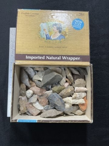 Cigar Box full of Chipped Axes, etc. Indian Artifact Arrowhead: KEY WORDS: INDIAN ARTIFACT ARTIFACTS ARROWHEAD ARROWHEADS NATIVE AMERICAN MISSISSIPPIAN QUAPAW CADDO POTTERY COINS MORGAN DOLLAR PEACE DOLLAR SILVER COINS. All coins have been Sigma tested for