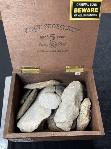 Cigar Box full of Chipped Axes, etc. Indian Artifact Arrowhead: KEY WORDS: INDIAN ARTIFACT ARTIFACTS ARROWHEAD ARROWHEADS NATIVE AMERICAN MISSISSIPPIAN QUAPAW CADDO POTTERY COINS MORGAN DOLLAR PEACE DOLLAR SILVER COINS. All coins have been Sigma tested for