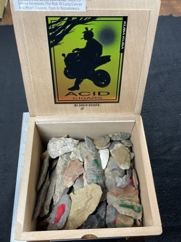 Cigar Box full of Chipped Axes, etc. Indian Artifact Arrowhead: KEY WORDS: INDIAN ARTIFACT ARTIFACTS ARROWHEAD ARROWHEADS NATIVE AMERICAN MISSISSIPPIAN QUAPAW CADDO POTTERY COINS MORGAN DOLLAR PEACE DOLLAR SILVER COINS. All coins have been Sigma tested for