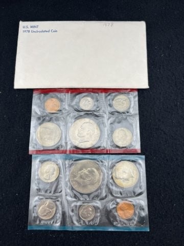 1978 UNC US Mint Coin Set: KEY WORDS: INDIAN ARTIFACT ARTIFACTS ARROWHEAD ARROWHEADS NATIVE AMERICAN MISSISSIPPIAN QUAPAW CADDO POTTERY COINS MORGAN DOLLAR PEACE DOLLAR SILVER COINS. All coins have been Sigma tested for