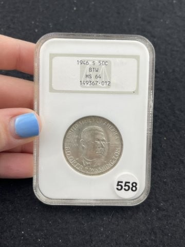 1946 S Half Dollar MS64 Booker T Washington Coin: KEY WORDS: INDIAN ARTIFACT ARTIFACTS ARROWHEAD ARROWHEADS NATIVE AMERICAN MISSISSIPPIAN QUAPAW CADDO POTTERY COINS MORGAN DOLLAR PEACE DOLLAR SILVER COINS. All coins have been Sigma tested for