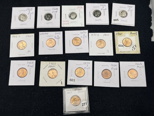 Group of Silver Dimes & Pennies: KEY WORDS: INDIAN ARTIFACT ARTIFACTS ARROWHEAD ARROWHEADS NATIVE AMERICAN MISSISSIPPIAN QUAPAW CADDO POTTERY COINS MORGAN DOLLAR PEACE DOLLAR SILVER COINS. All coins have been Sigma tested for